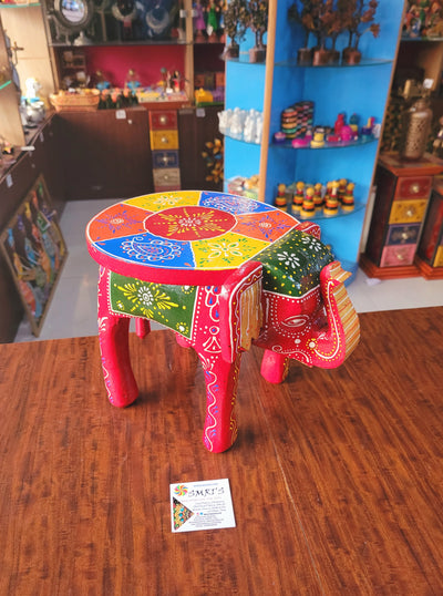 Elephant stool Red with Multicolor Design 6, 8inch Height, 10.5 inch Length, 8inch Width