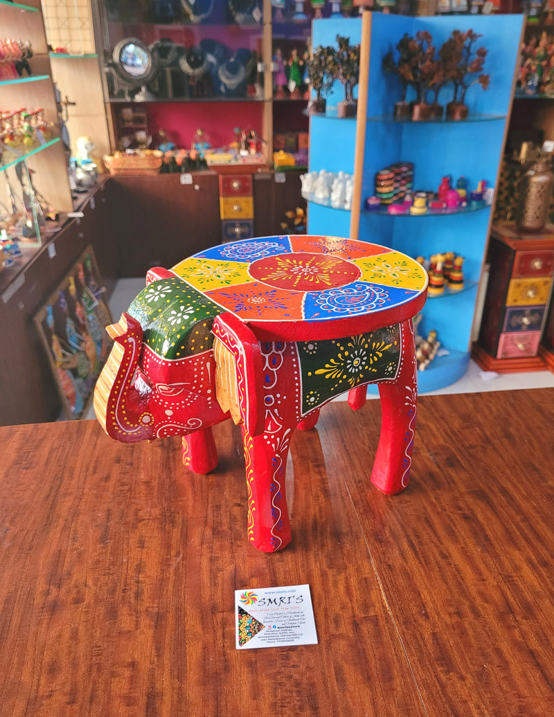 Elephant stool Red with Multicolor Design 6, 8inch Height, 10.5 inch Length, 8inch Width