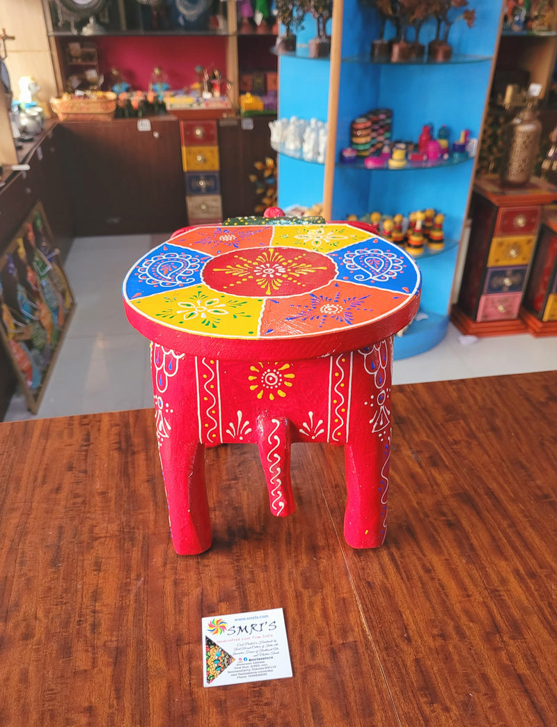 Elephant stool Red with Multicolor Design 6, 8inch Height, 10.5 inch Length, 8inch Width