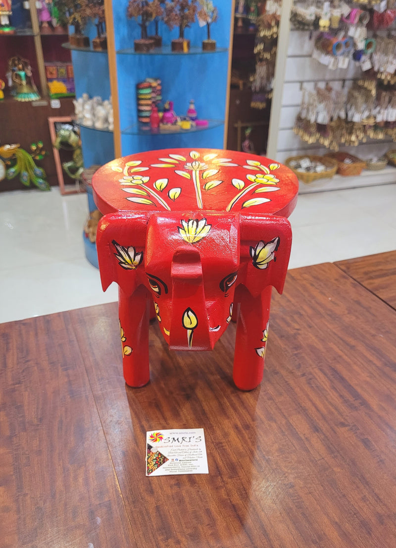 Wooden Elephant Stool Floral designs LARGE Red color indian handicrafts Home decor pooja decor foyer decor ( 8 H * 10.5 * 8 W ) Inches