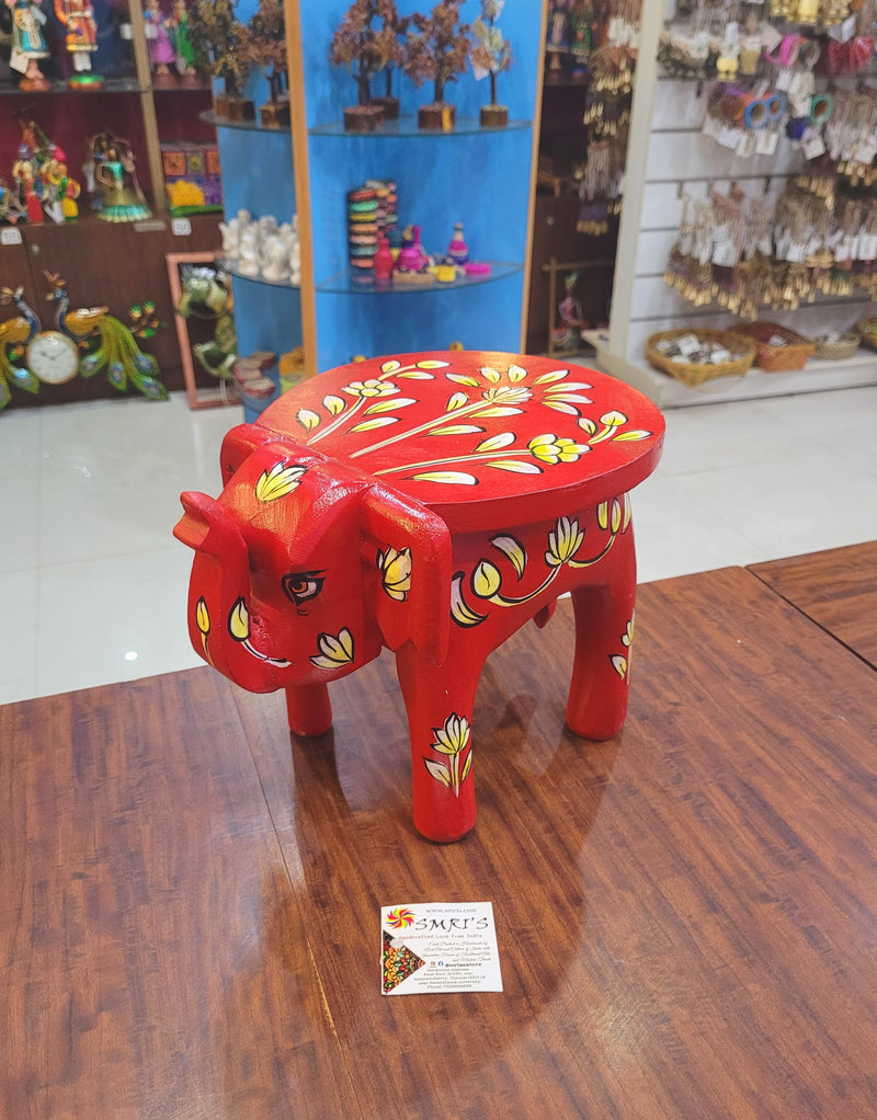 Wooden Elephant Stool Floral designs LARGE Red color indian handicrafts Home decor pooja decor foyer decor ( 8 H * 10.5 * 8 W ) Inches