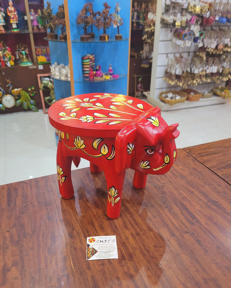 Wooden Elephant Stool Floral designs LARGE Red color indian handicrafts Home decor pooja decor foyer decor ( 8 H * 10.5 * 8 W ) Inches