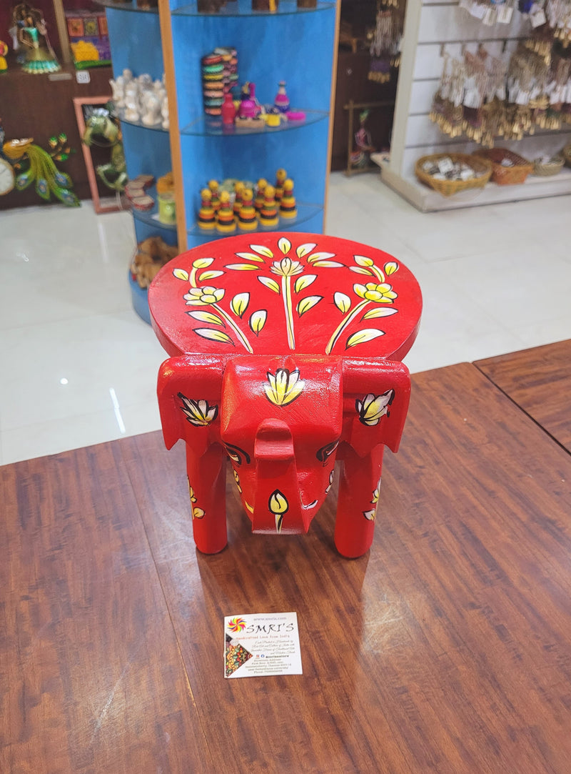 Wooden Elephant Stool Floral designs LARGE Red color indian handicrafts Home decor pooja decor foyer decor ( 8 H * 10.5 * 8 W ) Inches