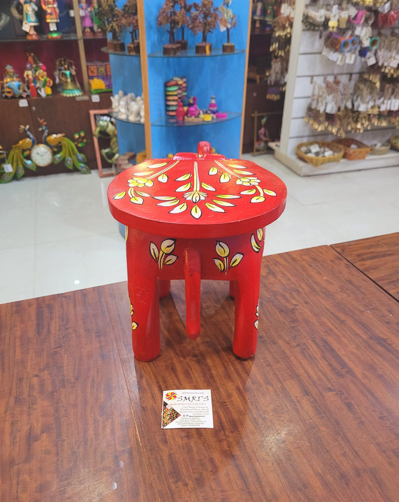 Wooden Elephant Stool Floral designs LARGE Red color indian handicrafts Home decor pooja decor foyer decor ( 8 H * 10.5 * 8 W ) Inches