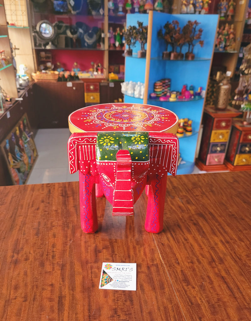 Elephant stool Red with Green Design 5, 8 inch height, 10.5 inch length, 8inch width