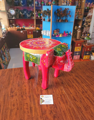 Elephant stool Red with Green Design 5, 8 inch height, 10.5 inch length, 8inch width