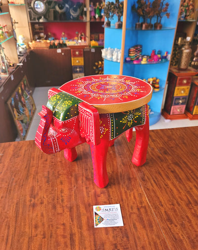 Elephant stool Red with Green Design 5, 8 inch height, 10.5 inch length, 8inch width