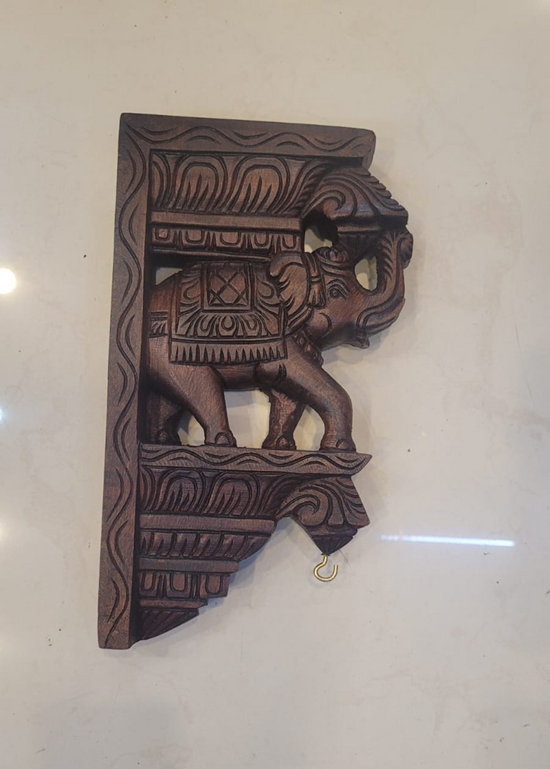 Full Elephant Trunk Up Wall Bracket / Corbel Natural Mahogany Wood Carving Traditional Chettinad Indian Handicrafts ( 12H* 7L* 2W Inches )