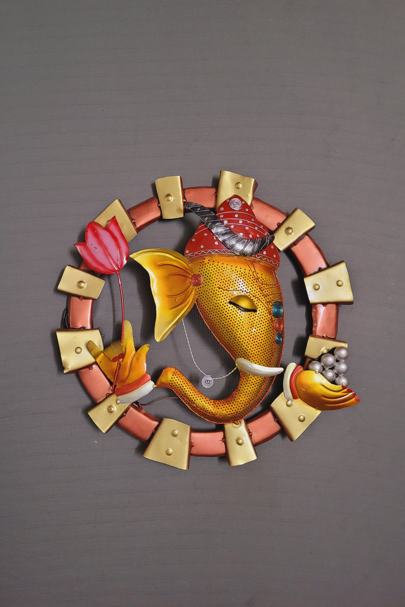 Ganesha With Flower Round Frame Wall decor copper and Gold 20 x 20 inch LED