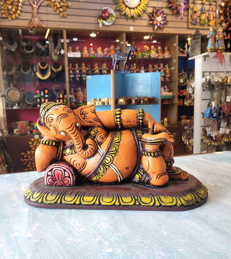 Relaxing Ganesha Resting Ganesha idol statue full Wooden Carving Table Decor Maghony Wood Traditional Indian Handicrafts puja idol Pooja idol ( 8.5 H * 15 L * 7 W ) inches