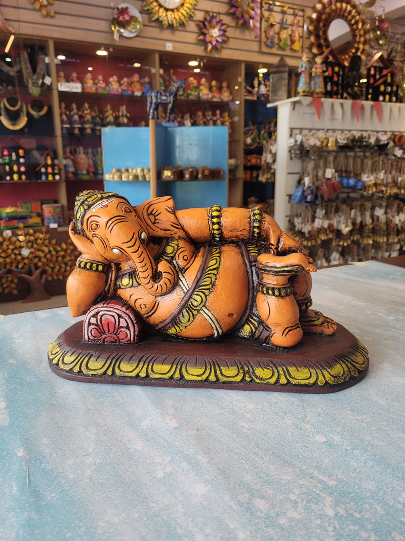 Relaxing Ganesha Resting Ganesha idol statue full Wooden Carving Table Decor Maghony Wood Traditional Indian Handicrafts puja idol Pooja idol ( 8.5 H * 15 L * 7 W ) inches
