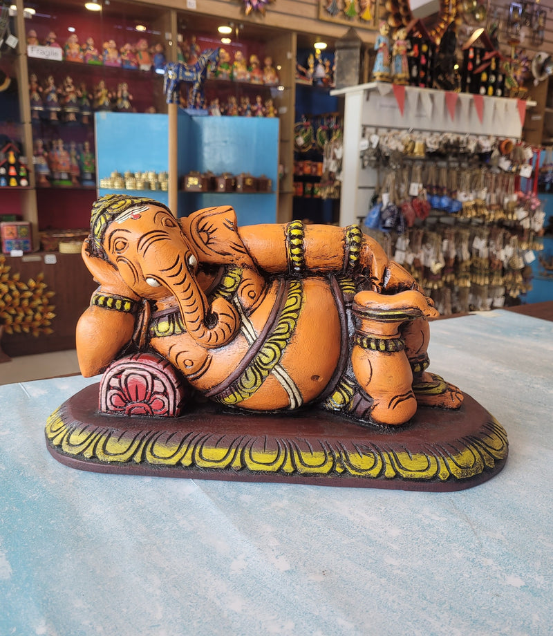 Relaxing Ganesha Resting Ganesha idol statue full Wooden Carving Table Decor Maghony Wood Traditional Indian Handicrafts puja idol Pooja idol ( 8.5 H * 15 L * 7 W ) inches