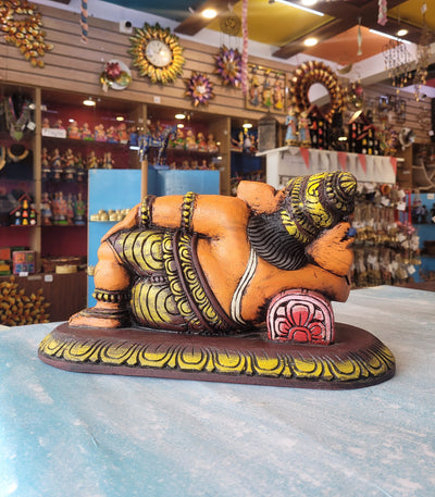 Relaxing Ganesha Resting Ganesha idol statue full Wooden Carving Table Decor Maghony Wood Traditional Indian Handicrafts puja idol Pooja idol ( 8.5 H * 15 L * 7 W ) inches