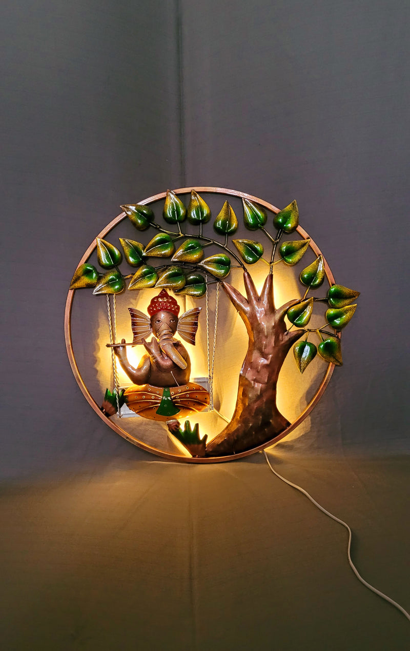 Ganesha with Flute Under Tree Round Frame Iron Wall decor 22 * 22 Inch With LED