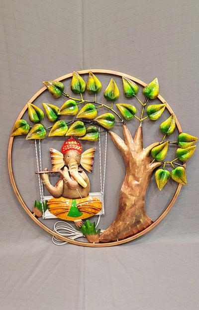 Ganesha with Flute Under Tree Round Frame Iron Wall decor 22 * 22 Inch With LED