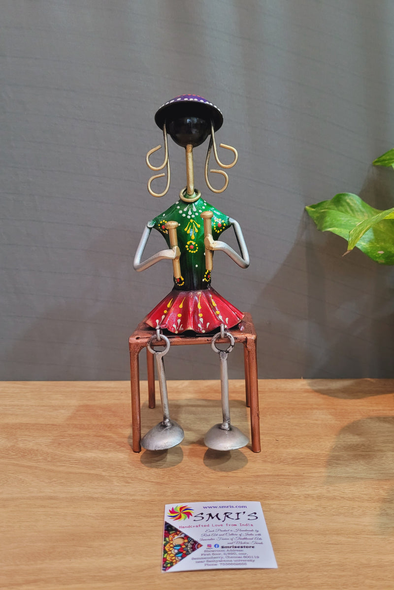 Iron Lady with Cymbols Musician in Green and Red skirt Dancing Legs (9.5H * 3.5L * 3.5W) inches iron table decor wall decor home decor office decor