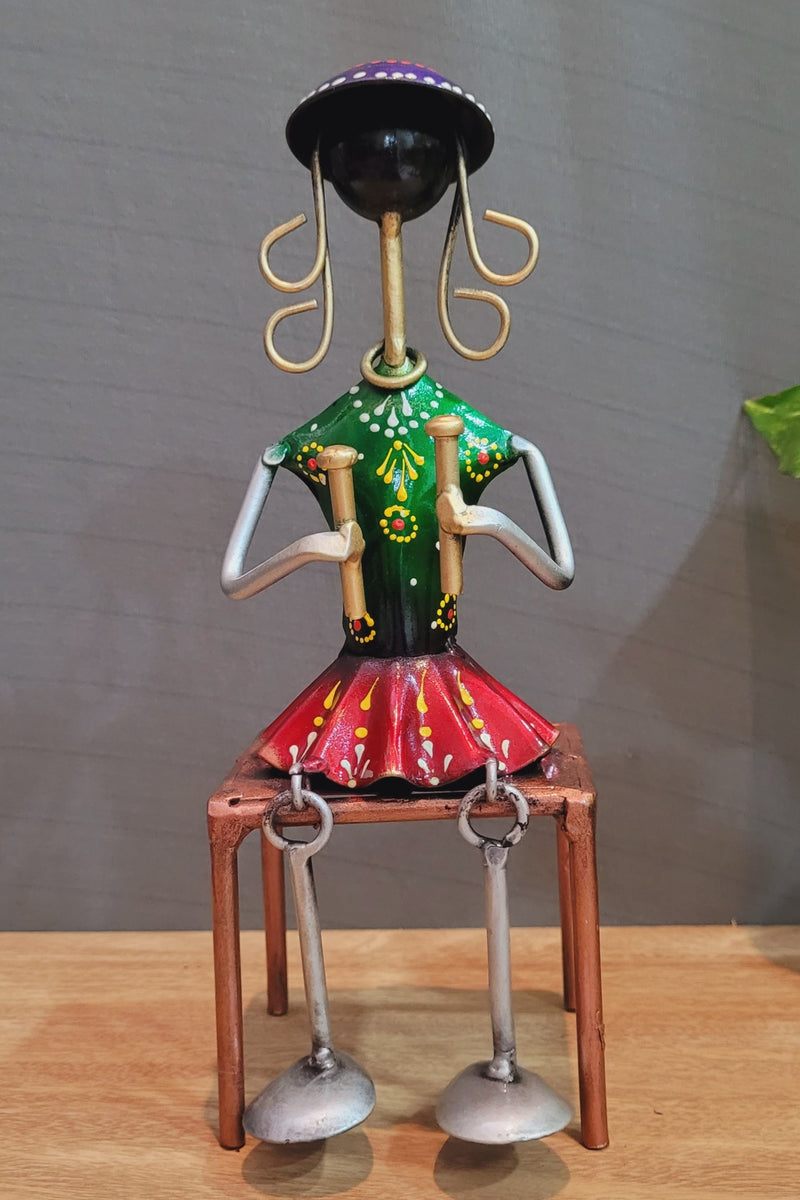 Iron Lady with Cymbols Musician in Green and Red skirt Dancing Legs (9.5H * 3.5L * 3.5W) inches iron table decor wall decor home decor office decor
