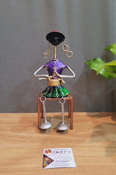 Iron Lady with Drum Musician in Violet and Green skirt Dancing Legs  (9.5H * 3.5L * 3.5W) inches iron table decor wall decor home decor office decor