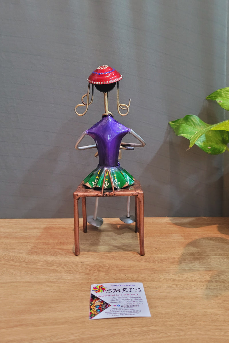 Iron Lady with Drum Musician in Violet and Green skirt Dancing Legs  (9.5H * 3.5L * 3.5W) inches iron table decor wall decor home decor office decor