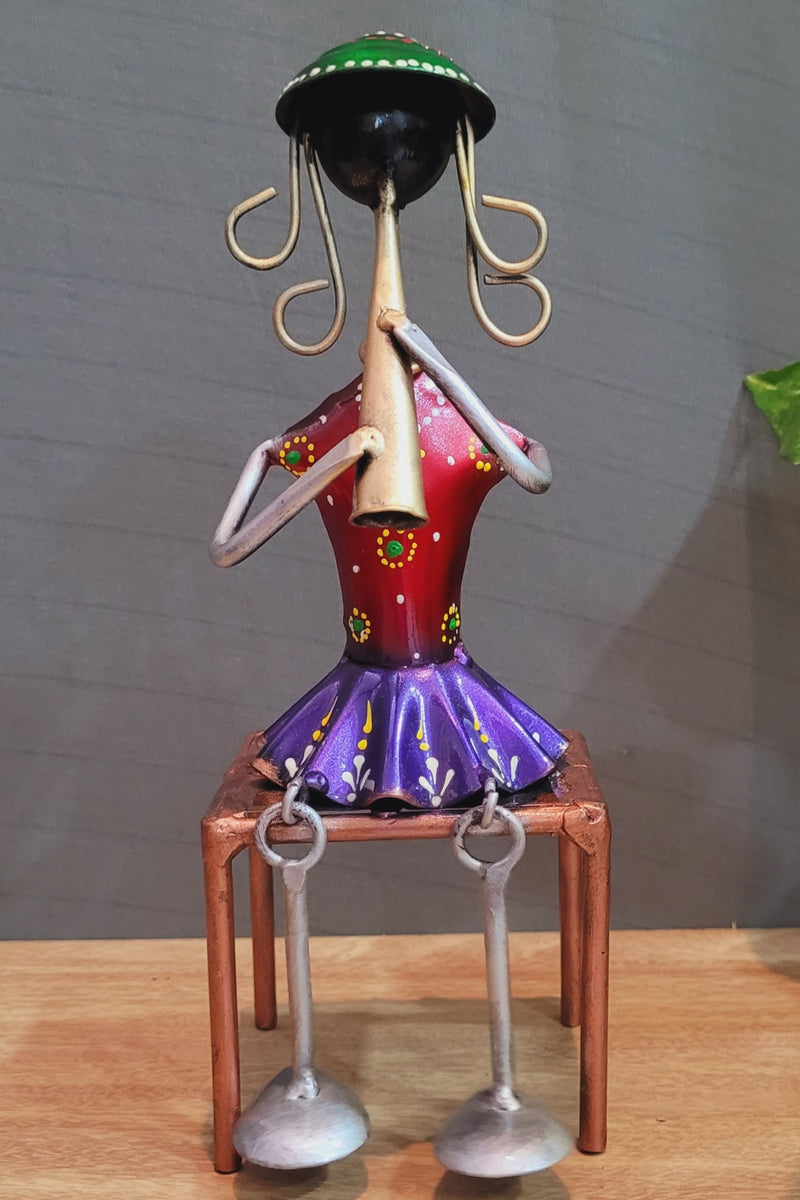 Iron Lady with Pipe Musician in Red and Violet skirt Dancing Legs (9.5H * 3.5L * 3.5W) inches iron table decor wall decor home decor office decor