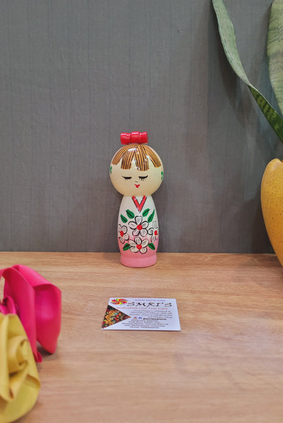 Japanese Single Doll Pink with White in wood carving hand painted made in india  (6H * 2.5L * 2.5W) inches Showpiece Home Decor