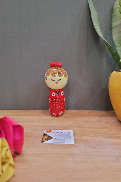 Japanese Single Doll Red in wood carving hand painted made in india (6H * 2.5L * 2.5W) inches Showpiece Home Decor