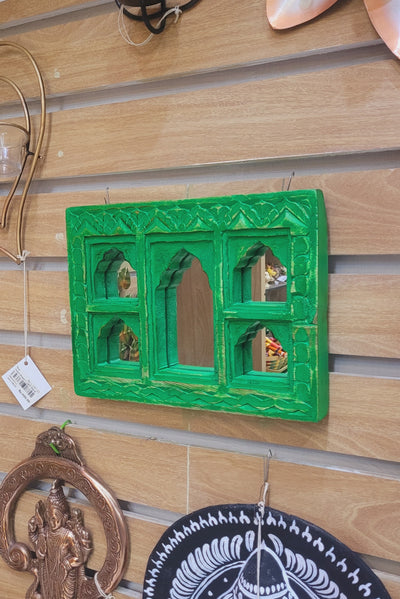 Jharokha Mirror Mango Wooden 5 Temple Shaped Frame Green Wall Decor Traditional Indian Handicrafts (9H * 12L * 1.5W) inches Rustic Painted Wood Carving Jaroka Jarokha