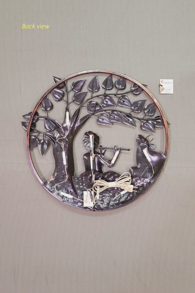 Krishna with Flute Under Tree Round Frame Iron wall decor 22 x 22 Inch With LED