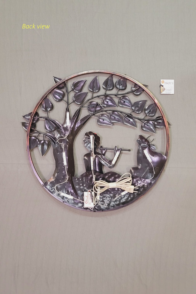Krishna with Flute Under Tree Round Frame Iron wall decor 22 x 22 Inch With LED