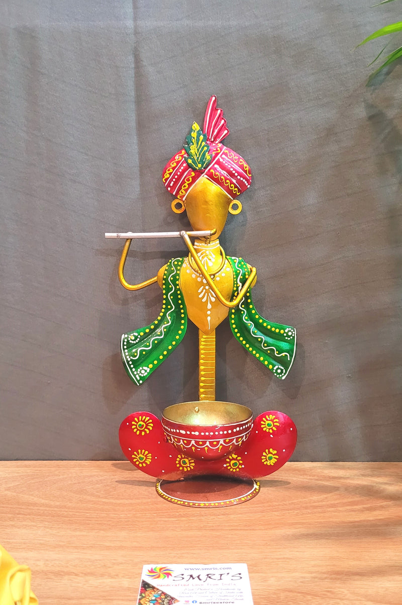 Krishna Candle holder new t light home decor pooja decor return gifts Gold with red green (11 H * 5 L * 3 W) inches