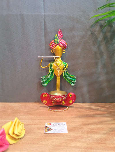 Krishna Candle holder new t light home decor pooja decor return gifts Gold with red green (11 H * 5 L * 3 W) inches