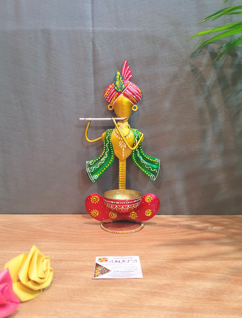 Krishna Candle holder new t light home decor pooja decor return gifts Gold with red green (11 H * 5 L * 3 W) inches