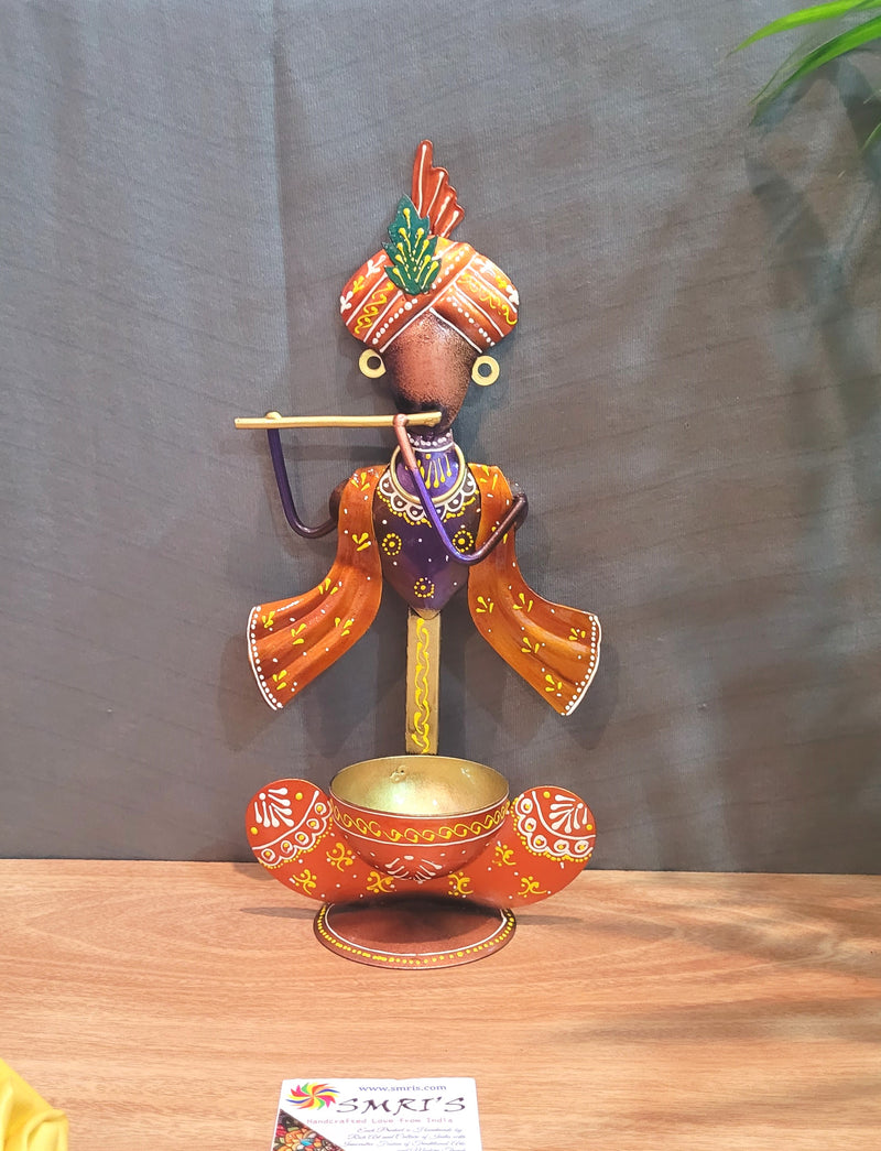 Krishna Candle holder new t light home decor pooja decor return gifts Orange with violet (11 H * 5 L * 3 W) inches