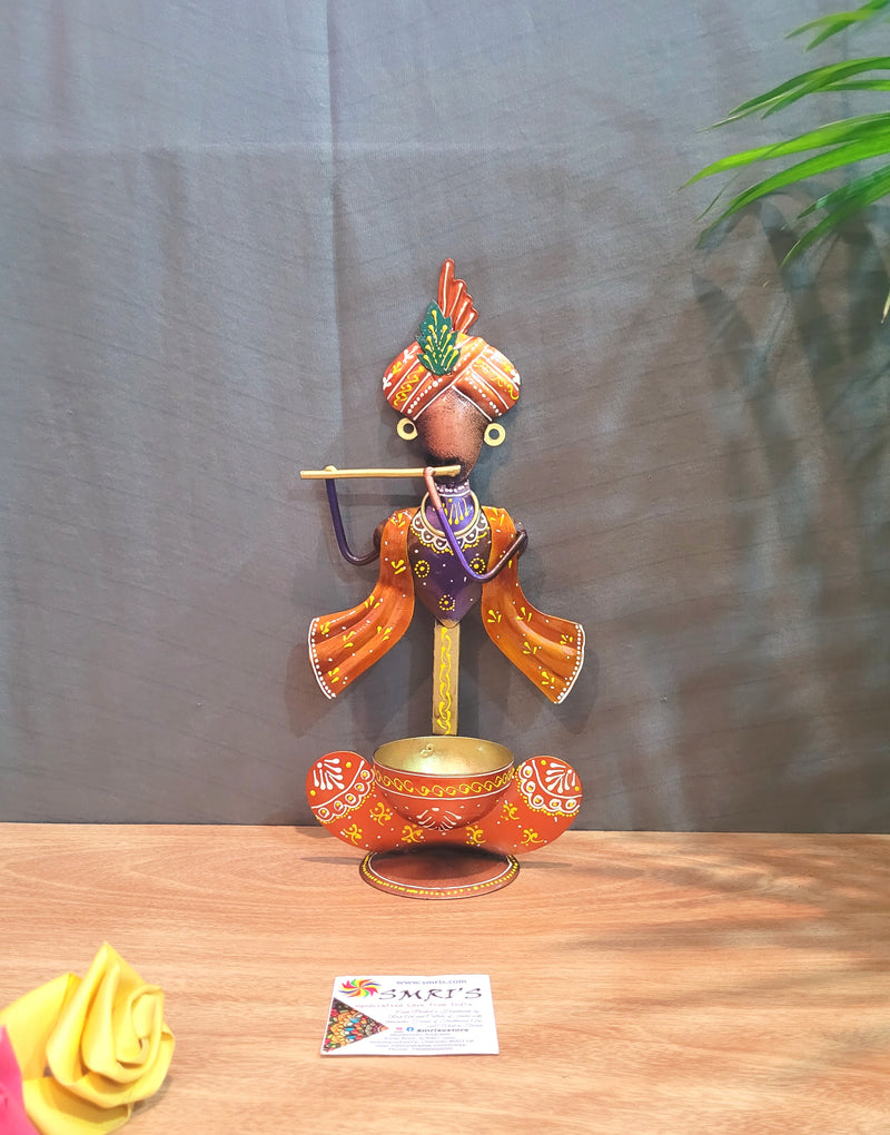 Krishna Candle holder new t light home decor pooja decor return gifts Orange with violet (11 H * 5 L * 3 W) inches