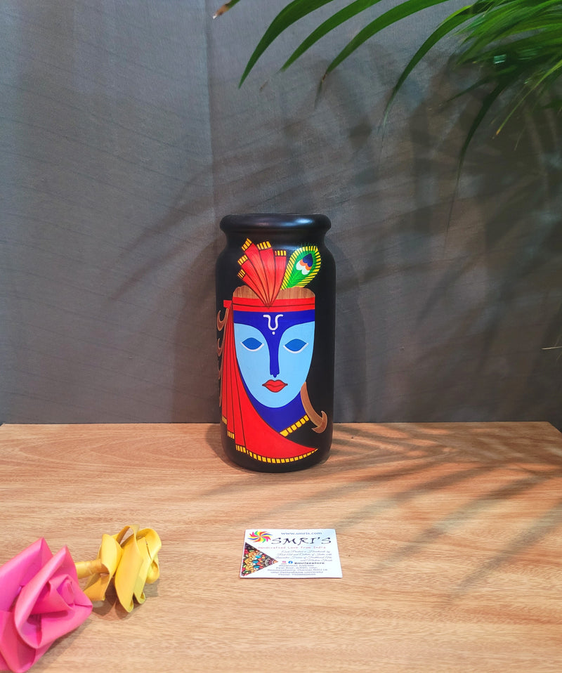 Wooden Krishna Medium Red with Multicolor Flower Vase Show piece handpainted with black indian handicrafts Home decor (8 H x 3 L x 3 W) inches