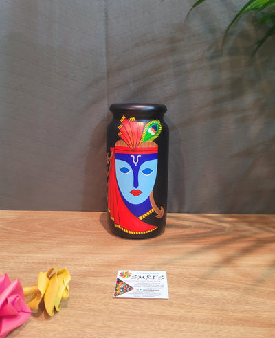 Wooden Krishna Medium Red with Multicolor Flower Vase Show piece handpainted with black indian handicrafts Home decor (8 H x 3 L x 3 W) inches