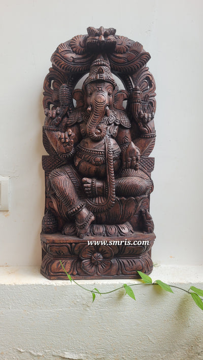 Lord Prabha Ganesha / Vinayagar Wooden Statue Sculpture & wall decor Idol Rosewood Colour 24 Inch Design 1 Vaagai Wooden Carving Pooja Idol Table Decor Traditional Chettinad Indian Handicrafts (24H x 12L x 4W Inches)