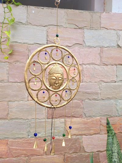 Meditative Gold Buddha wind chime Round Big (34 H * 14.8 W) Inches