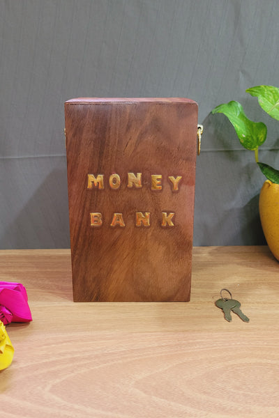 Money Bank Big Wooden Box Money Bank indian handicrafts seesham wood kids money box  / adults ( 8 H * 5 L * 5 W ) Inches