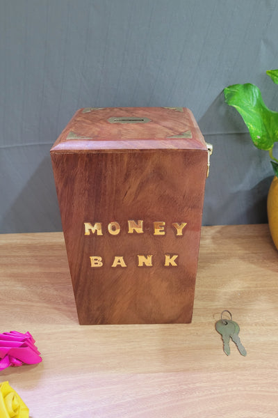 Money Bank Big Wooden Box Money Bank indian handicrafts seesham wood kids money box  / adults ( 8 H * 5 L * 5 W ) Inches