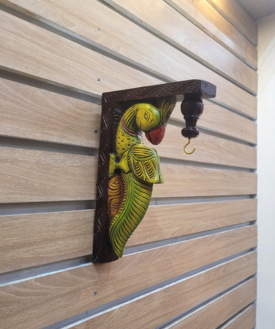 Parrot Wood Carving Wall Bracket / Corbel Maghony Wood Traditional Chettinad Handicrafts green (12 H x 8 L x 2 W inches)