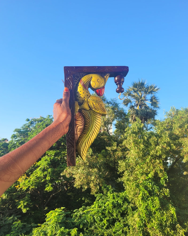 Parrot Wood Carving Wall Bracket / Corbel Maghony Wood Traditional Chettinad Handicrafts green (12 H x 8 L x 2 W inches)