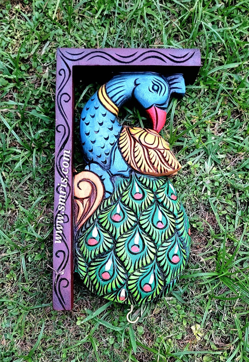 Peacock Wood Carving Wall Bracket / Corbel Maghony Wood Traditional Chettinad Handicrafts Green (12 H x 7 L x 2 W inches)