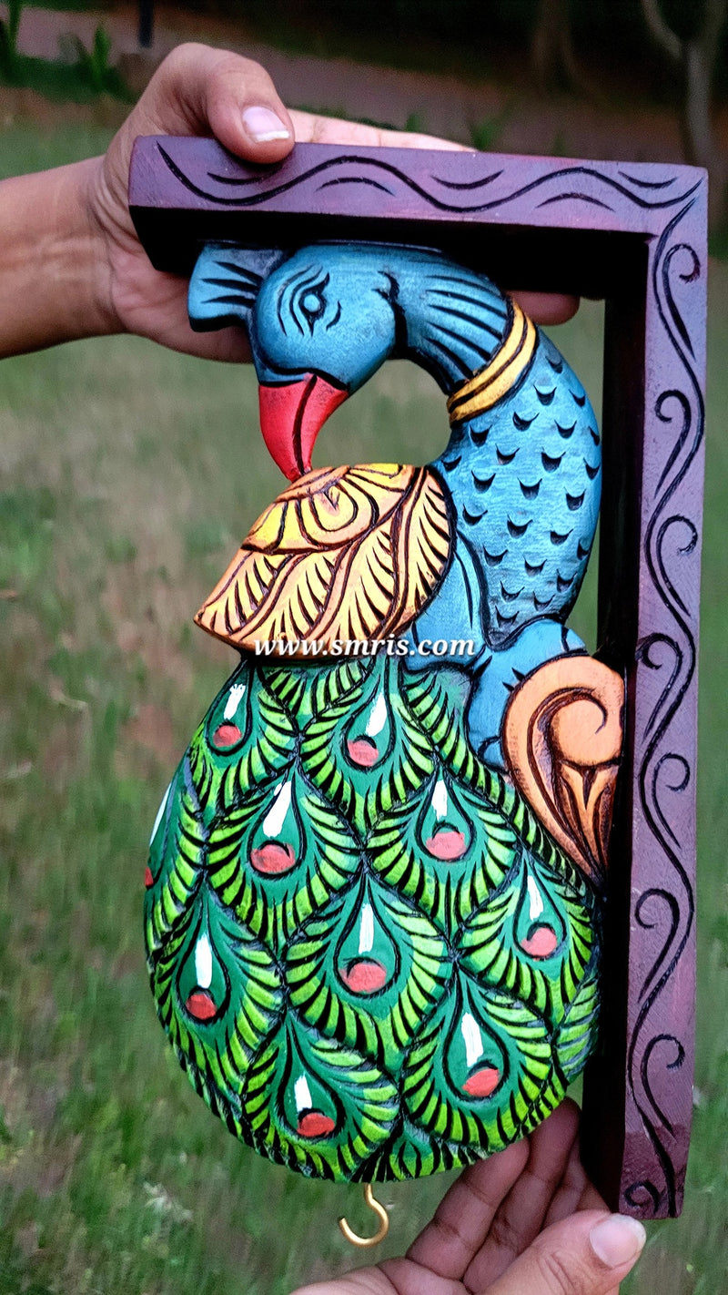 Peacock Wood Carving Wall Bracket / Corbel Maghony Wood Traditional Chettinad Handicrafts Green (12 H x 7 L x 2 W inches)