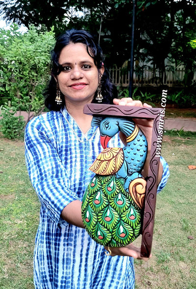 Peacock Wood Carving Wall Bracket / Corbel Maghony Wood Traditional Chettinad Handicrafts Green (12 H x 7 L x 2 W inches)