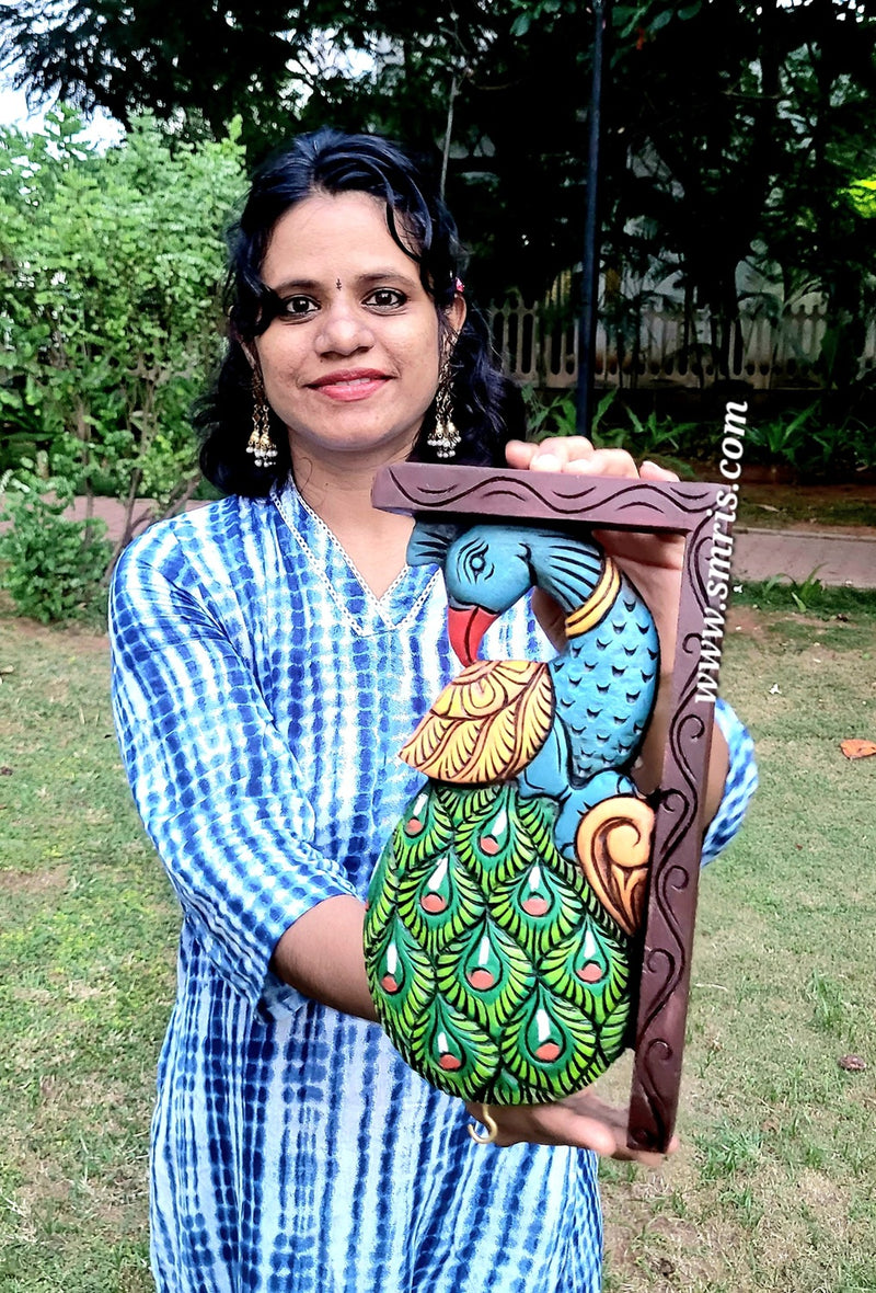 Peacock Wood Carving Wall Bracket / Corbel Maghony Wood Traditional Chettinad Handicrafts Green (12 H x 7 L x 2 W inches)