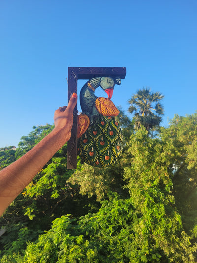 Peacock Wood Carving Wall Bracket / Corbel Maghony Wood Traditional Chettinad Handicrafts Green (12 H x 7 L x 2 W inches)