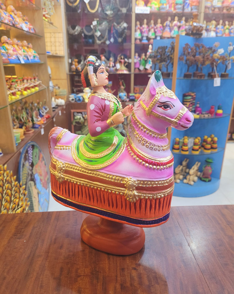 Tanjore dolls Thanjavur Thalayatti Bommai Poikkal Kuthirai Red Woman with Blue Horse dancing doll (12 H * 10 L * 4W) inches golu dolls Tamil Tradition