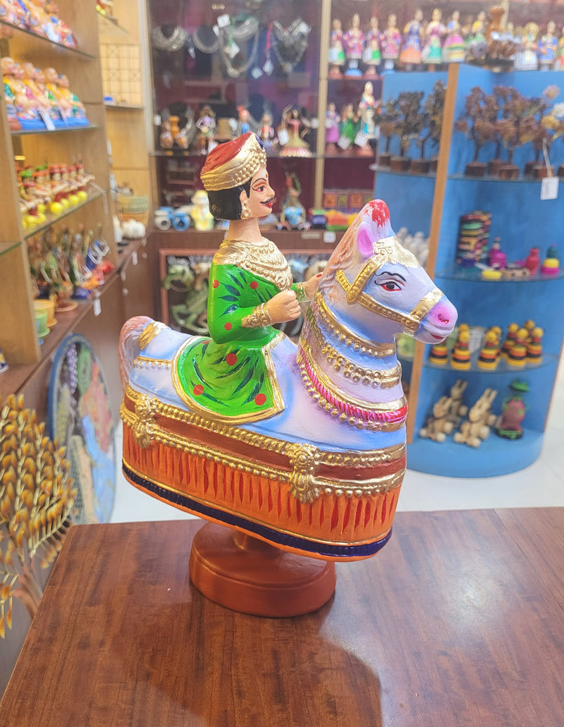 Tanjore dolls Thanjavur Thalayatti Bommai Poikkal Kuthirai Orange Man with Light Green Horse dancing doll(12.5 H * 10 L * 4W) inches golu dolls  Tamil Tradition