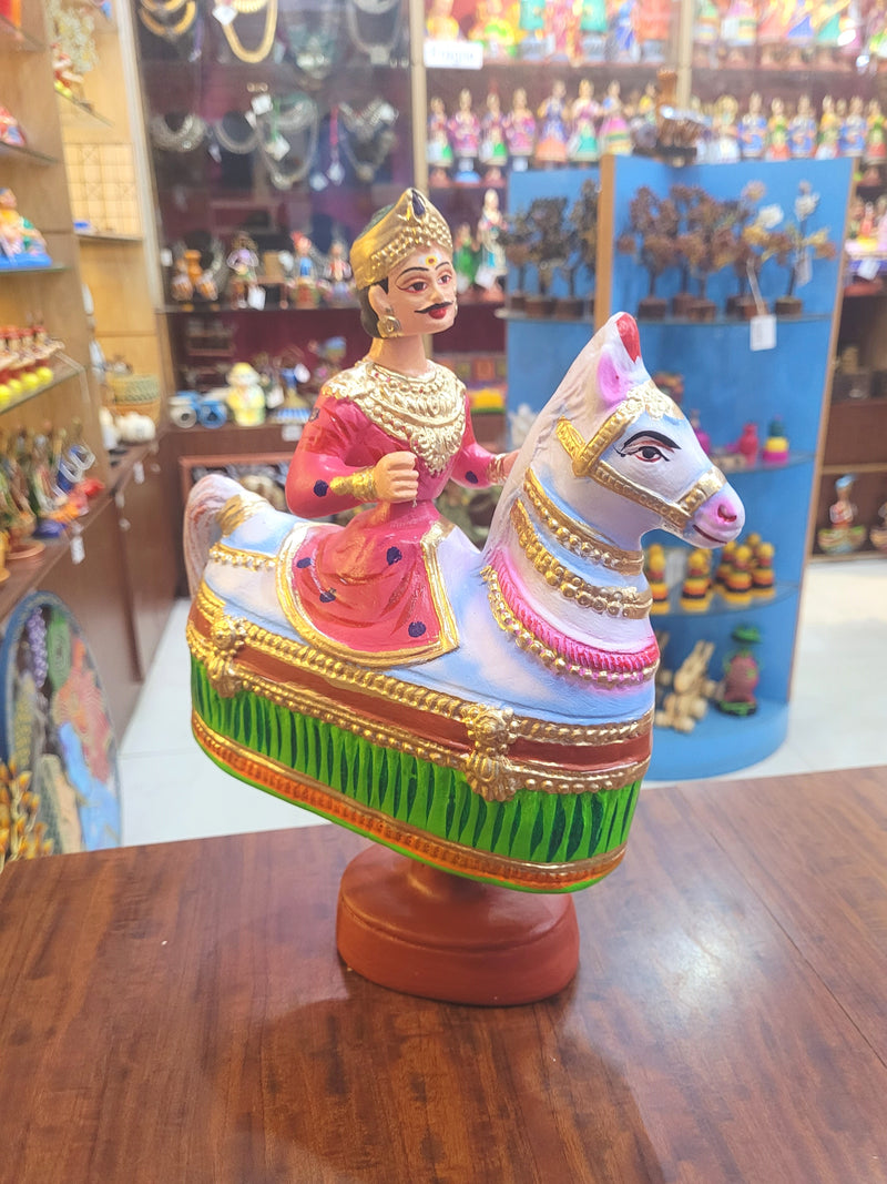 Tanjore dolls Thanjavur Thalayatti Bommai Poikkal Kuthirai Pink Man with Light Green Horse dancing doll(12.5 H * 10 L * 4W) inches golu dolls Tamil Tradition